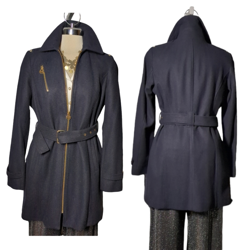 *NEW* Michael Kors Wool Blend Asymmetrical Walker Winter peacoat MK Gold Logos